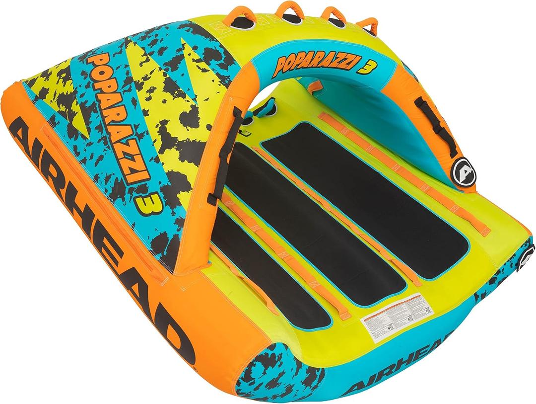 Airhead Poparazzi Towable Tube for Boating, 1-3 Rider Inflatable Boat Tube for Water Tubing, Rocker Bottom for Surfing Turns, Canopy Deck Design, EVA Pads, Kwik-Connect, Speed Safety Valve, 3 Person