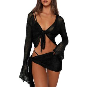 Women's Two Piece Set Mesh Sheer Long Sleeve Tie Front Cover Up Tops Skirts  (Black, L)