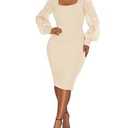 acelyn Elegant Bodycon Midi Dresses for Women Scoop Neck Lace Lantern Long Sleeve Ribbed Clubwear Party Cocktail Dress Beige, Medium 