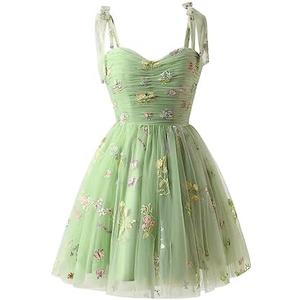 Women's Tie Strap Tulle Prom Dresses Sweetheart Flower Embroidery Dress Short Formal Party Mini Homecoming Dresses Medium