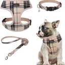 SCENEREAL No Pull Dog Harness Collar and Leash Set for Small Sized Dogs, Soft Mesh Step in Plaid Harnesses for Fall Winter, Adjustable Pet Vest for Outdoor Walking Training and Running (M: Chest Girth: 17"-21", Beige (With Collar))