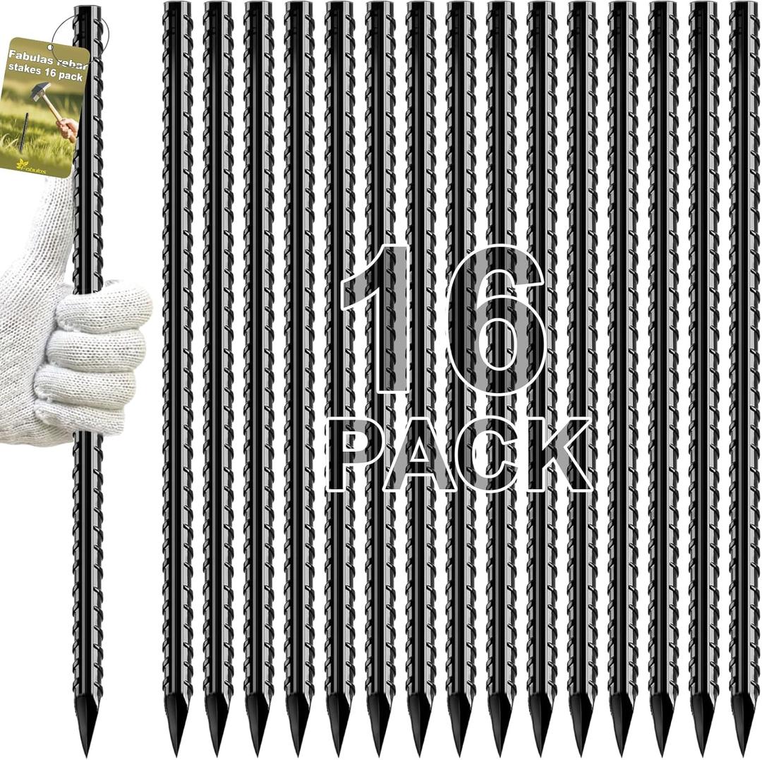Rebar Stakes, 16 inch 16 Pack Ground Stakes Heavy Duty with Chisel Point End, 3/8" Diameter Straight Steel Metal Anchor for Garden Driveway Markers Concrete Form Landscape Camping Plant Black