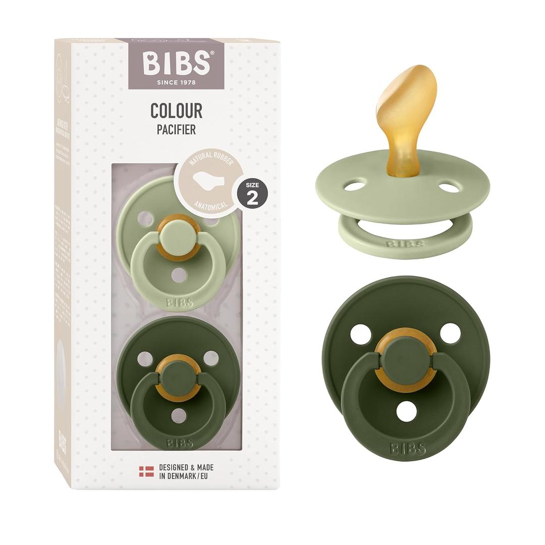 BIBS Pacifiers 6-18 Months | 2-Pack Soothers | Anatomical Nipple | BPA-Free Natural Rubber | Made in Denmark | Sage/Hunter Green Colour Pacifier