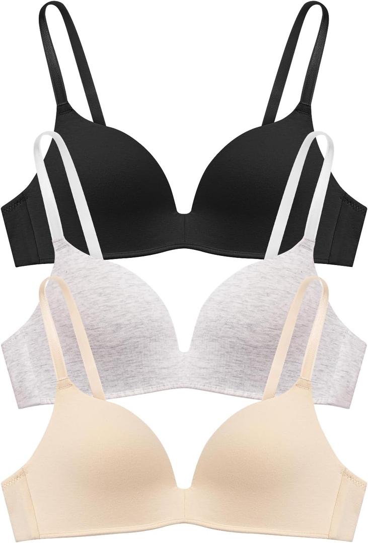 Eleplus 3 Pieces Lightly Lined Wireless Bras for Women Comfy Plunge T Shirt Bra Pack 34/75B