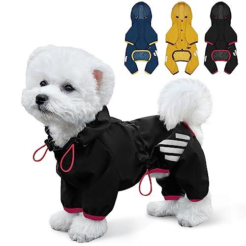 Dog Raincoat, Waterproof Dog Rain Jacket with Hood, Rain Coat with Leash Hole, Reflective Strap for Small Medium Dogs, Lightweight Puppy Clothes(Black,M(Back Length13.4''))