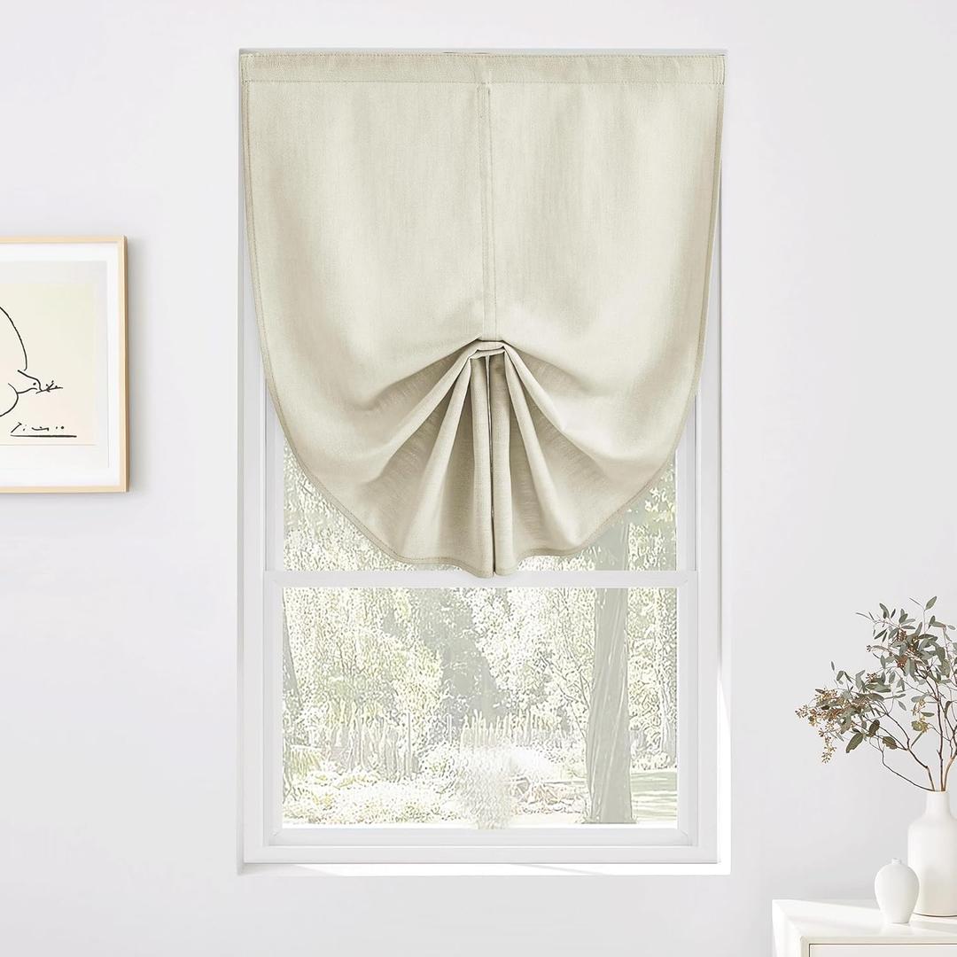 RYB HOME Adjustable Pull Up Small Window Shades, Flax Linen Sticky Adhesive Roman Valance for Kitchen Bathroom, Privacy Protect Curtains for Cafe Door Window, W36 x L55 inches, Natural, 1 Piece