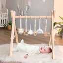 Foldable Wooden Baby Play Gym with 6 Sensory Toys – Montessori Activity Center for Newborns, No-Tool Assembly, Natural Wood Indoor Gym for Infant Motor Development & Tummy Time