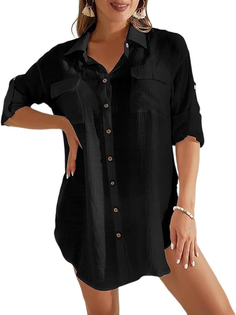 Bsubseach Women Button Down Rolled Cuffed Long Sleeve Shirt Side Slit Collared Blouses with Pockets Oversized Rayon Tops Black XL