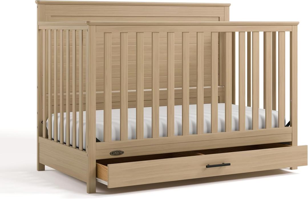 Graco Tristan 5-in-1 Convertible Crib with Drawer (Driftwood)  GREENGUARD Gold Certified, Fits Standard Crib Mattress, Premium Handle, Converts to Toddler Bed, Daybed, and Full-Size Bed