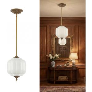 Antique Brass Milk Glass Ceiling Light Fixture-9.1in Vintage Semi Flush Mount Pendant Light with an LED Bulb included, 3 Color Options Mid-Century Art Deco Chandelier for Kicthen Dining Room Hallway