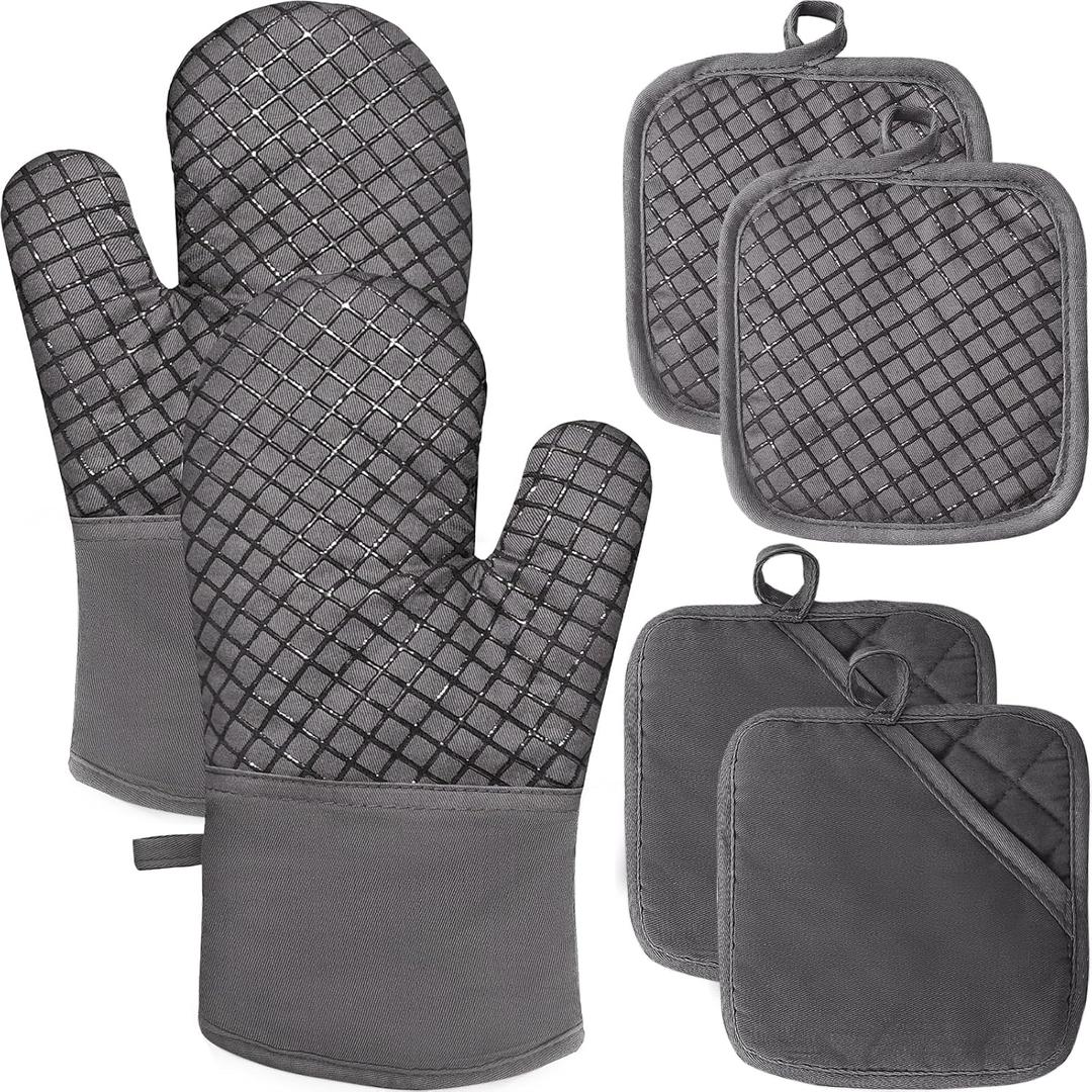 4 Pcs Oven Mitts and Pot Holders,High Heat 500F Resistant Glove Potholder with Thick Cotton,Silicone Non-Slip Surface Long Kitchen Oven Glove for Cooking Baking Grilling(Grey)