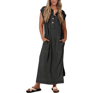 KIRUNDO Womens Summer Dresses 2026 Spring Ribbed Knit Henley Short Sleeve Maxi Dress Button Up Loose Beach Vacation Sundress (Black, M)