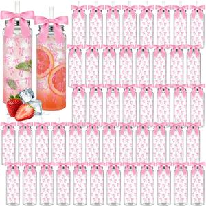 50 Pack 14oz Coquette Pink Bow Plastic Cups with Lids Straws & Pink Satin Ribbon Bows, Reusable Cute Aesthetic Tumblers for Birthday Wedding Bridal Shower Party Supplies for Women