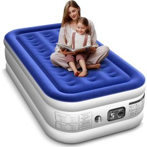 Twin Air Mattress with Built in Pump Luxurious Comfort 16" Raised Inflatable Mattress Twin Airbed Blow Up Mattress for Home and Guests 75"*39"*16"Air Bed 2 Mins Fast Inflate/Deflate 330 lbs Max (16" Blue & White)