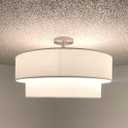 4 Light Off White Double Drum Fabric Shade Semi Flush Mount Ceiling Light,Close to Ceiling Light Fixture Black Finish,18 inch Semi Flush Drum Light for Bedroom,Living Room,Dining Room Hallway