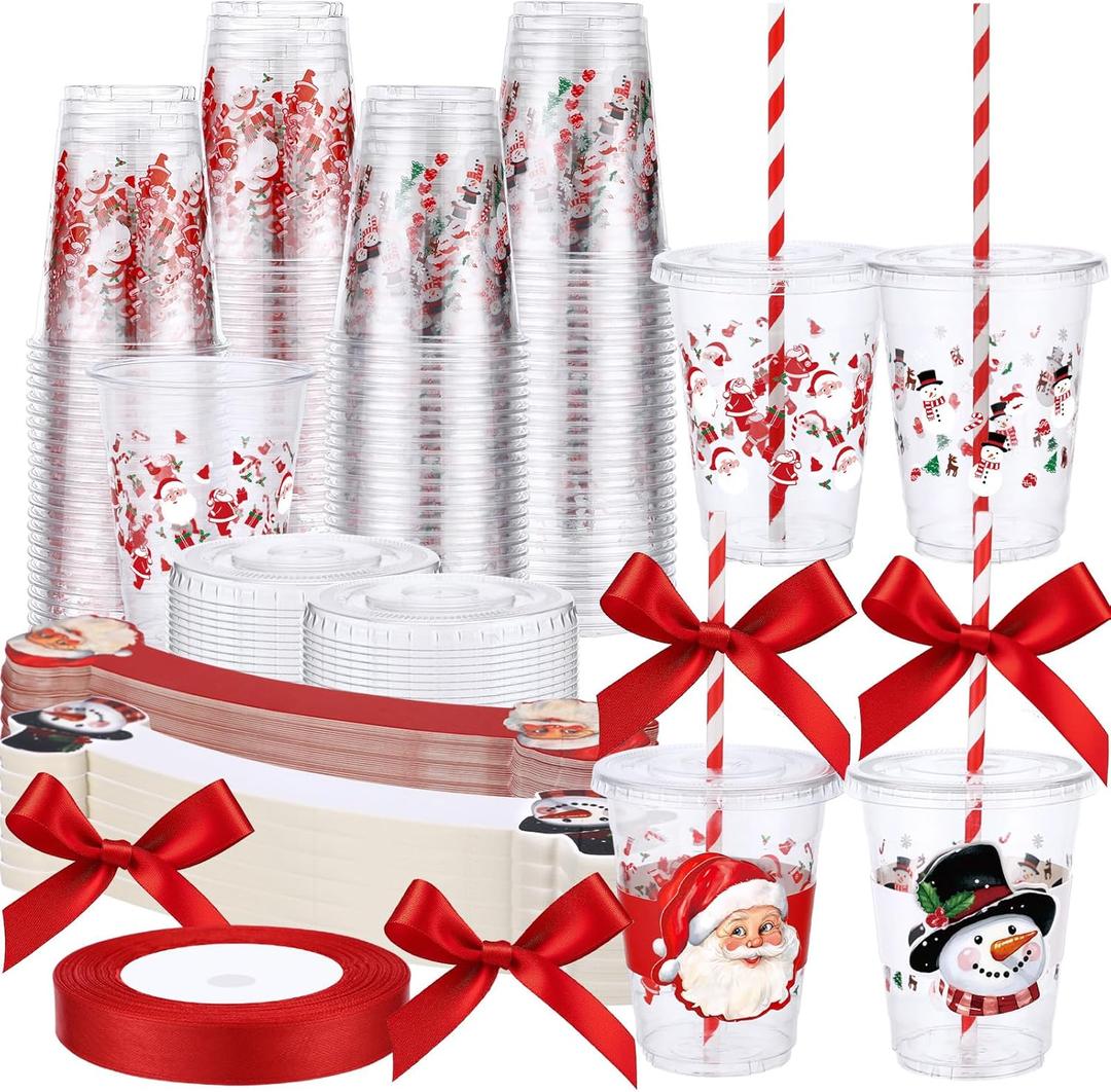 60 Pcs 12 oz Christmas Plastic Cups Bulk with Lids Sleeves and Straws Snowman Santa Claus Plastic Cups Xmas Disposable Clear Mugs Party Favor Holiday Birthday Wedding Party Supplies