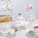 fanquare 21 Pieces Pink Blue Floral Porcelain Tea Set with Gold Trim, British Style Coffee Set for Adults, Vintage Romantic Gift Tea Sets for Wedding, Birthday, Women Tea Party