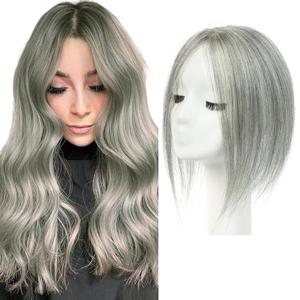 isheeny Hair Toppers For Women Real Human Hair White Highlight Grey 12Inch Human Hair Topper for Women, 2 Clips Secure Hold, Realistic Artificial-Base Scalp for Thinning Hair & Hair Loss
