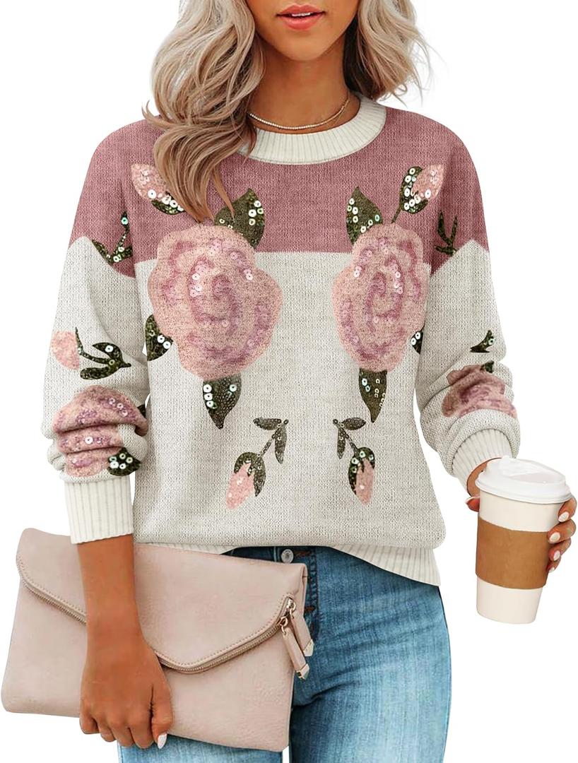 ZESICA Women's Floral Oversized Sweaters 2026 Fall Crewneck Long Sleeve Casual Chunky Knit Pullover Sweater Tops (Large, Pink)