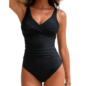 Women's One Piece Swimsuits Tummy Control Bathing Suits for Womens V Neck Criss Cross Ruched Push Up Slimming Swimwear, L