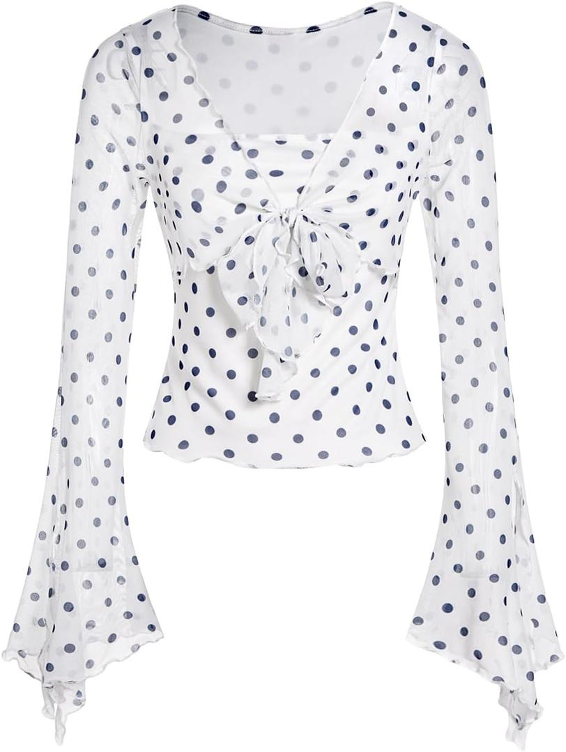 Verdusa Women's Y2K Cute Bell Sleeve Tops Floral Print Mesh Summer Long Sleeve Going Out Tops 2000s Clothing, X-Small (Polka Dots White)