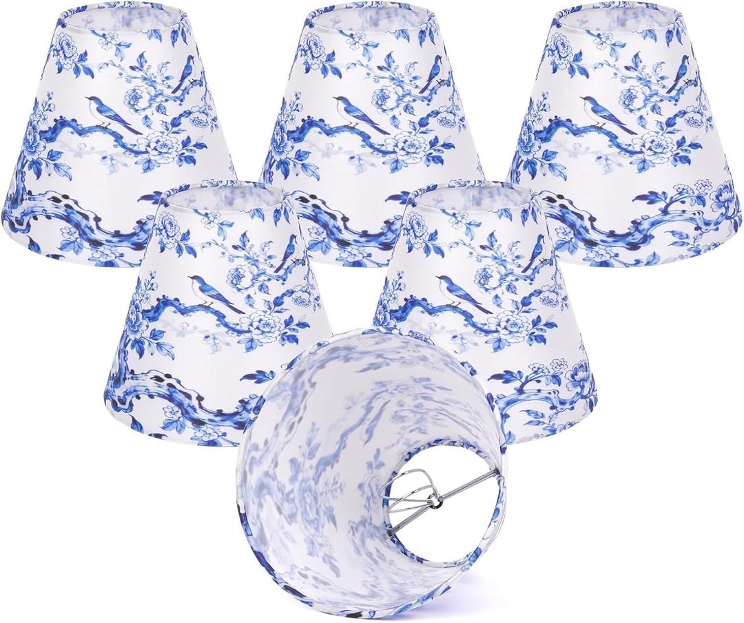 Chandelier Shades Set of 6, Small Chinoiserie Clip on Lamp Shade French Countryside Light Cover 3 X 6 X 5" Blue Lampshades