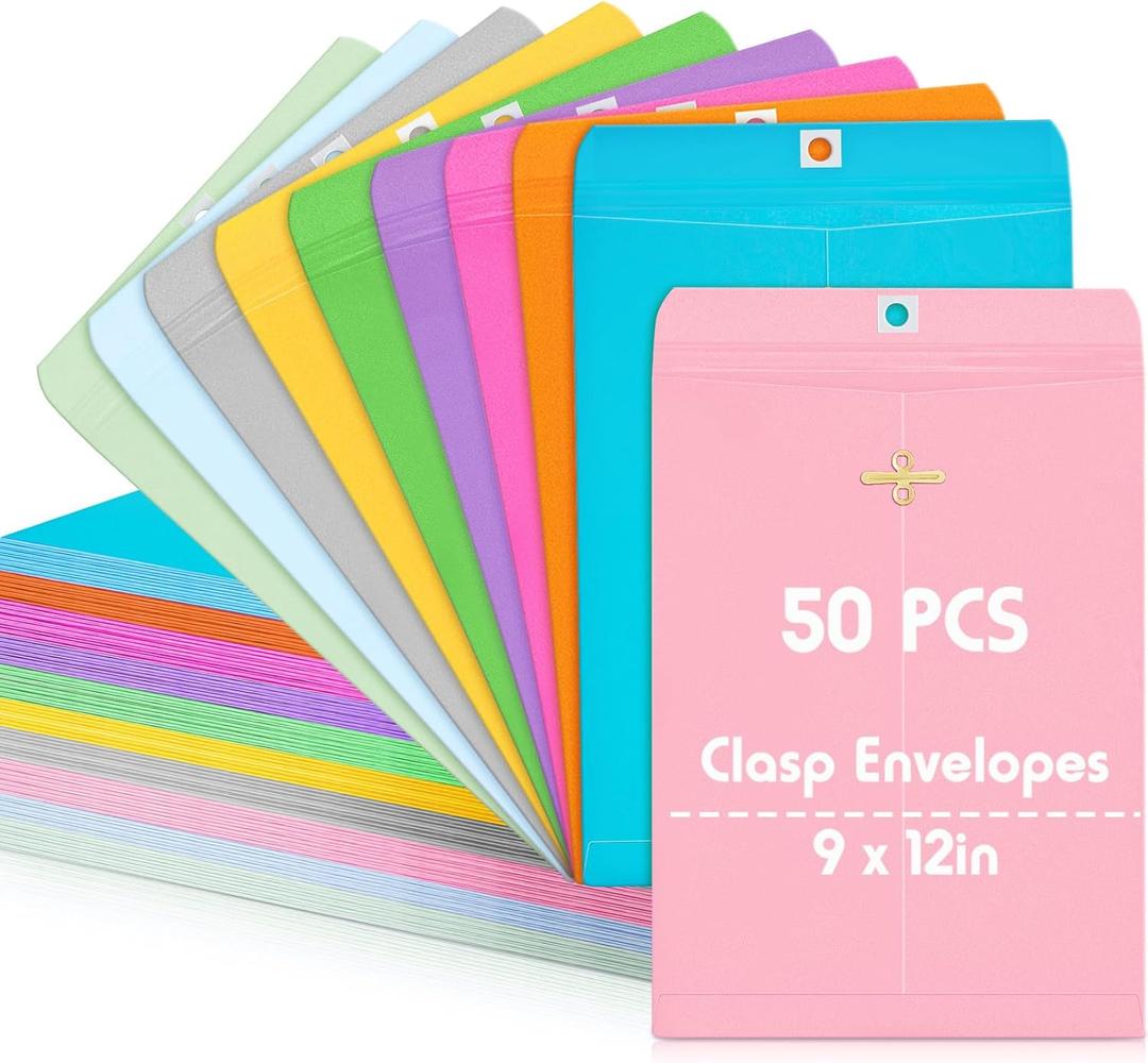 Geyee 50 Pcs 9 x 12 Inch Clasp Envelopes Letter Size Mailing Envelopes with Clasp Closure for Filing Storing Documents Office Home Business School (Mixed Colors)