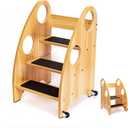 StrongTek Kids Step Stool, Step Ladder with Wheels & Safety Handles, 3-Tier Wooden Toddler Standing Tower, Convertible Chair with Non-Slip Steps, 350 lbs Capacity for Kitchen & Bathroom