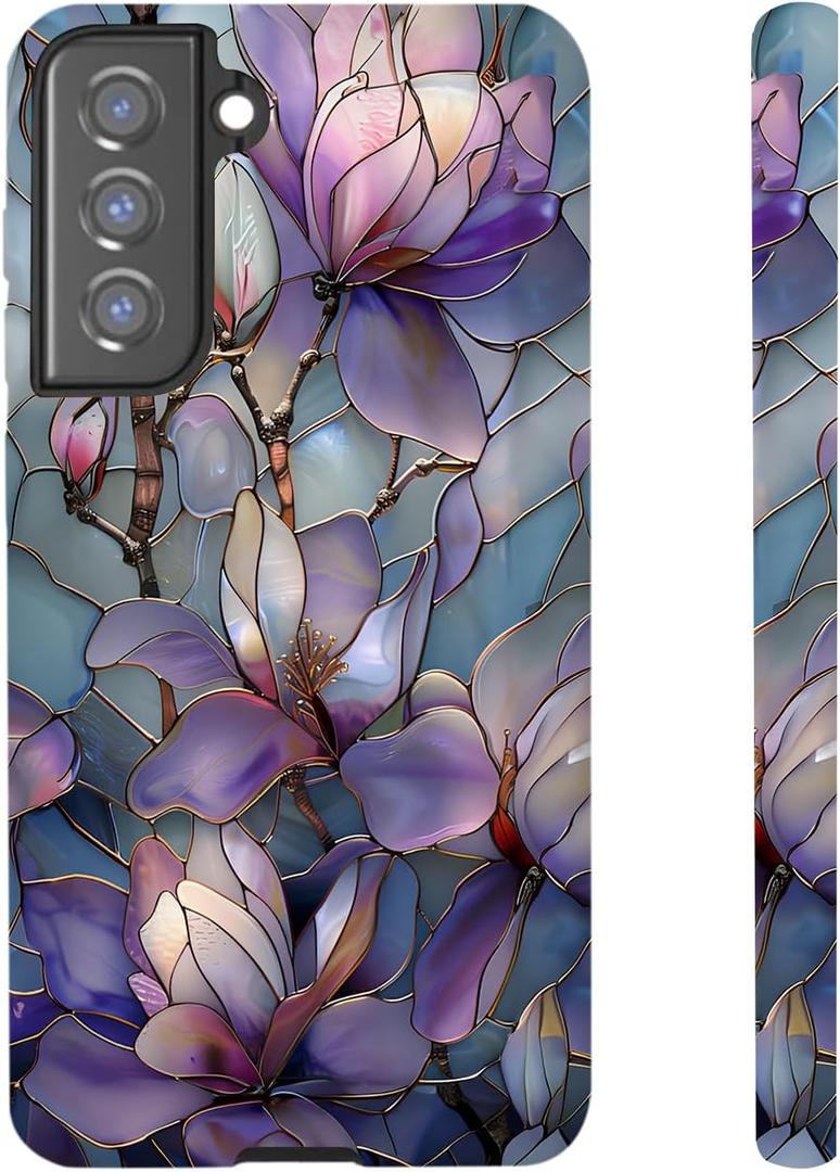 for Samsung Galaxy S22, Purple Lotus Floral Dual-Layer Hard Shell+Silicone Cover-Shockproof Protective Phone Case for Women Girls