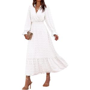 BTFBM Women Spring Maxi Dresses 2026 Long Sleeve V Neck Swiss Dots High Waisted A-Line Ruffle Boho Long Dress Vacation (White) XL
