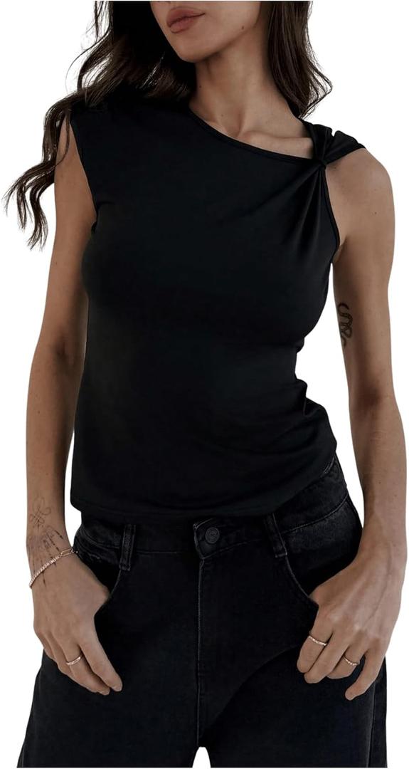 MakeMeChic Women's Asymmetrical Neck Sleeveless Twist Front Summer Tee Shirt Tops (Black, M)