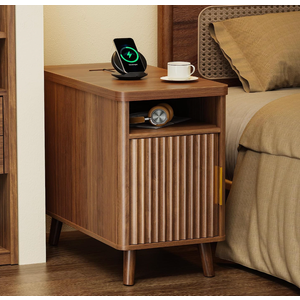 Huuger Narrow End Table with Charging Station, USB-C Port, Fluted Nightstand with Storage Cabinet, Back Rack, Farmhouse Side Table for Small Spaces, 13.4 × 23.6 Inch Night Stand, Walnut