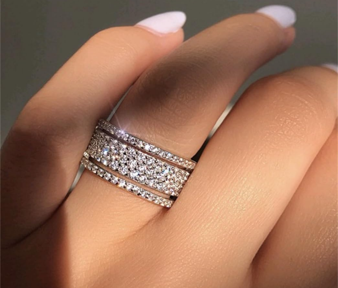 925 Sterling Silver Shiny Full Diamond Ring - Cubic Zirconia Multi Row Eternity Engagement Wedding Band for Women (US Code 9)