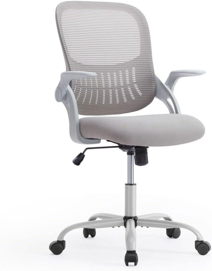 Ergonomic Computer Mesh Swivel Task Chair with Wheels and Comfortable Lumbar Support for Home Office, Study, Bedroom, Adults, Students, Flip Handrail, Gray