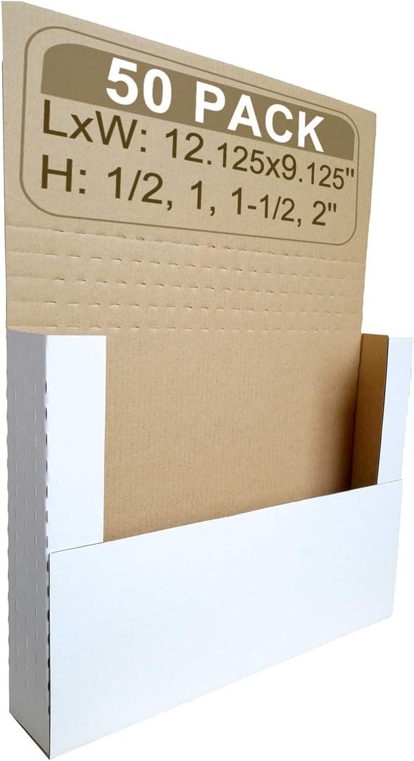 50 Pack Corrugated Book Mailer, 12-1/8" x 9-1/8" x 2" Height Adjustable Shipping Boxes, White (YD1292E50)
