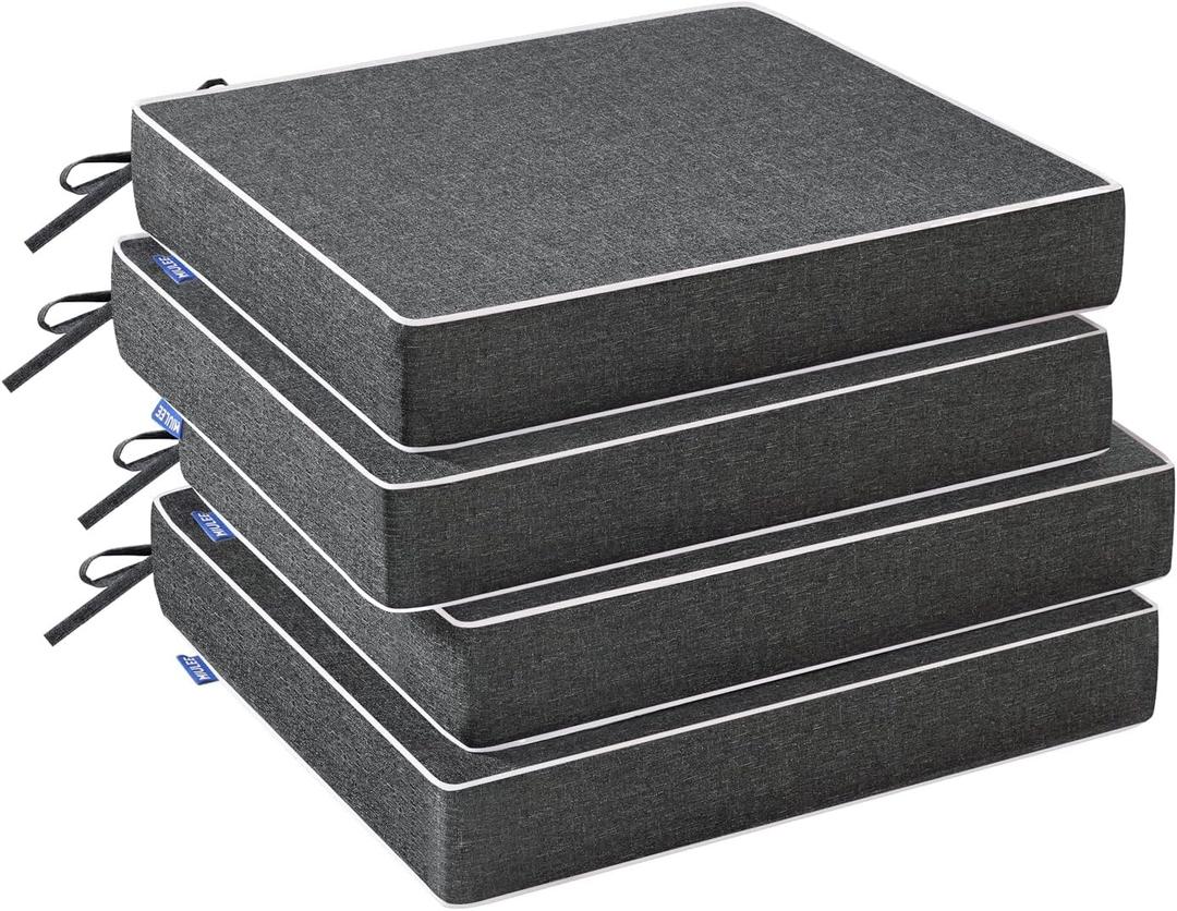 MIULEE Dark Grey Outdoor Chair Cushions Set of 4, 19x19x3 Inch Waterproof Patio Seat Cushions for Outdoor Furniture Couch Sofa, 3 Year Color Fastness High Density Foam with Adjustable Ties