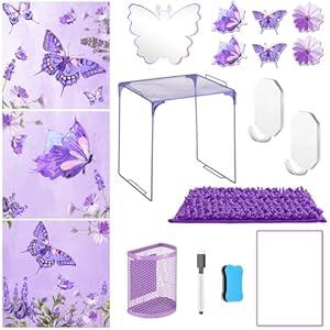 19 Pcs Purple Butterfly Locker Organizer and Decorating Kit with Locker Butterfly Shelf Wallpaper Magnets Mirror Pen Holder Magnetic Whiteboard Organizing Shelf for Back to School Party Essentials