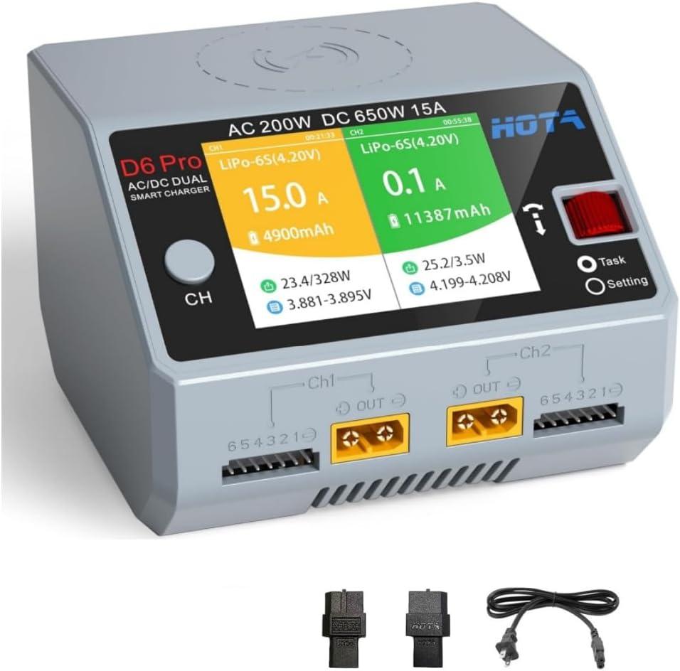 HOTA D6 Pro RC Battery AC200W DC 325W Dual RC Charger 15A Balance Charger for RC 1S 2S 3S 4S 5S 6S Lipo Batteries LiHv Nicd NiMH Battery Charging RC Car, Boat, FPV Race Drone Parts
