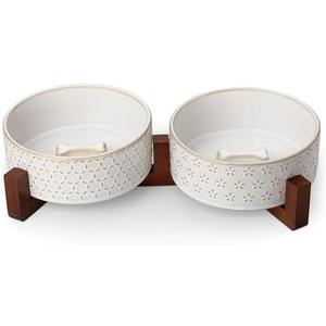 MALACASA Dog Bowl Set with Walnut Wood Stand, 3.5 Cups Ceramic Pet Bowls for Puppy Dogs, Dual Food and Water Bowls with Non-Slip Base, Basic Bowls for Your Dog or Cat, Five-Leaf Grass & Honeycomb