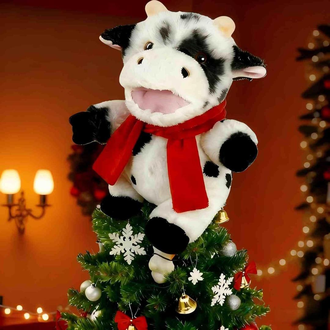 Cow Christmas Tree Topper with Red Scarf, 9In Stuffed Animal Tree Topper, Black and White Tree Topper for Country Farm Home Indoor/Outdoor Winter Holiday Birthday Party Favor Gift Christmas Tree Decor