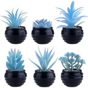 GREENTIME 6 Pcs Blue Artificial Succulent Plants in Mini Black Plastic Pots Small Fake Succulent Plant Faux Indoor Decor Bedroom Desk Bathroom Office Living Room Table Shelf Home Decoration