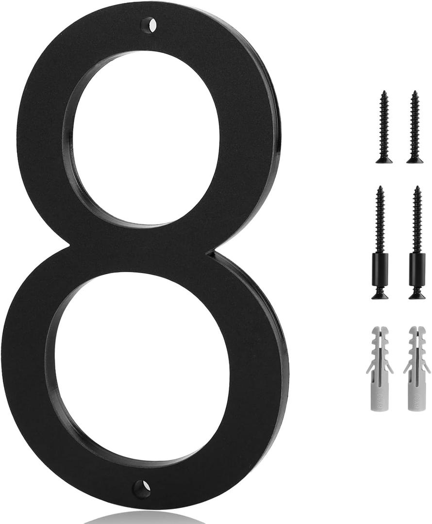 10 Inch Black House Numbers 8 - Easy Installation With Screw Set, Includes Hardware for Flush or Floating Mount, Frosted Matte Black Acrylic Address House Numbers for Door, Exterior, Porch
