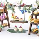 Wooden 3 Tier Cupcake Stand with Flower Vine, Palm Leaves & Decorative Butterflies, Cupcake holder for Tea Party Supplies, Serving trays for party perfect for dessert cups and charcuterie cups