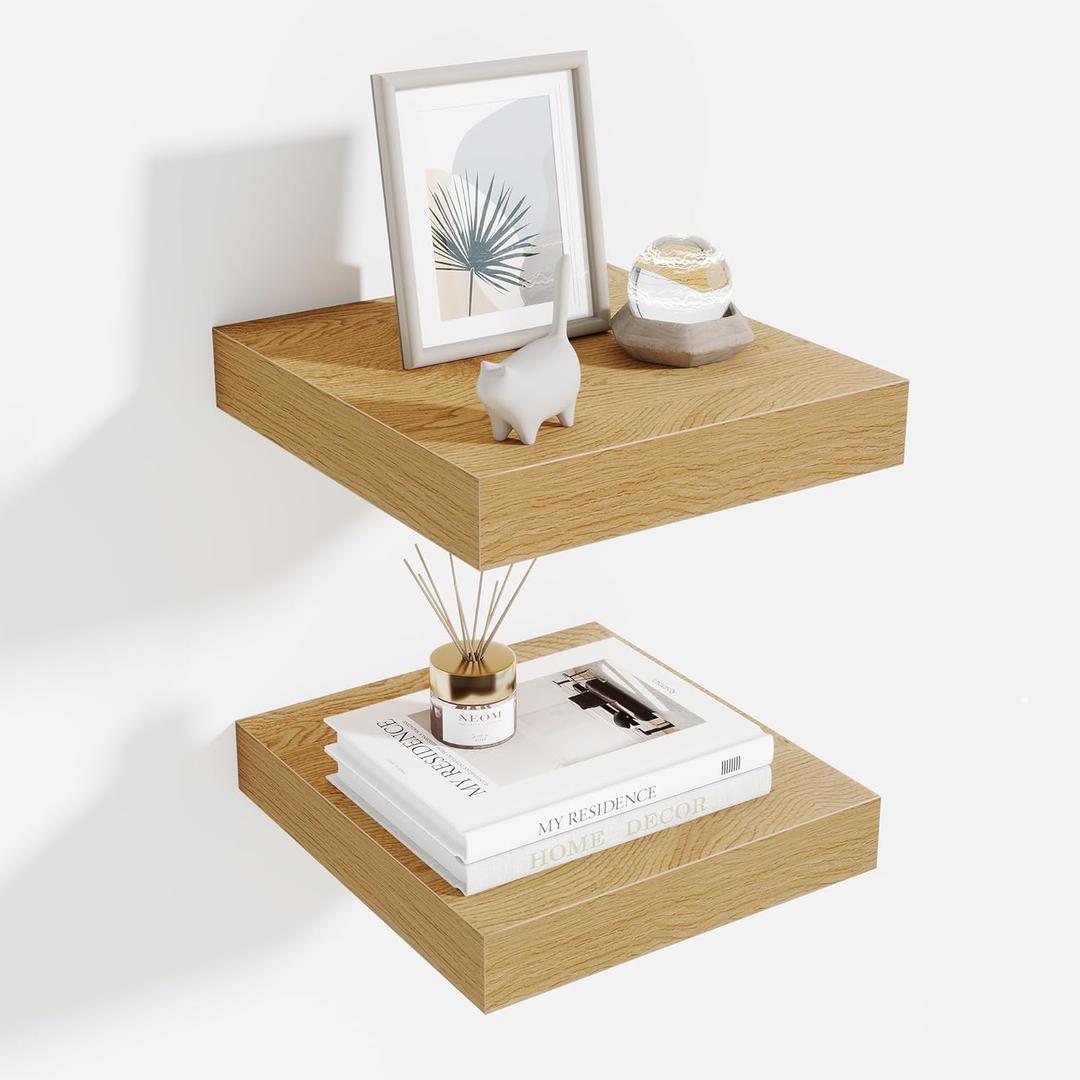 Fun Memories Floating Shelves for Wall - 10" x 10" Wood Shelf with Invisible Bracket - Deep Floating Shelves - 10 Inch Shelf Wall-Mounted for Living Room & Bathroom - Oak - Set of 2