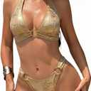 Women's Sexy Metallic Bikini Set O Ring Halter Triangle Cheeky Swimsuits Two Piece Bathing Suit Pool Party Rave Outfits (Beige, M)