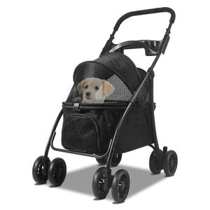 Foldable Pet Stroller, Dog Stroller for Medium Dog 20+ lbs, 4 Wheels Cats Stroller for 2 Cats with Cup Holder and Breathable Mesh Windows, Easy Assembly, 20-66 lbs Weight Capacity (Black)