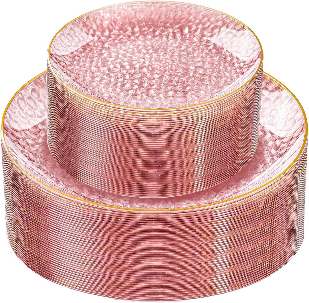 Rubtlamp 60 Pcs Pink Gold Plastic Plates, Gold Hammered Disposable Salad Plates, 7 Inch Disposable Dessert Platos, Plastic Dessert Appetizer Platos Perfect for Mother's Day