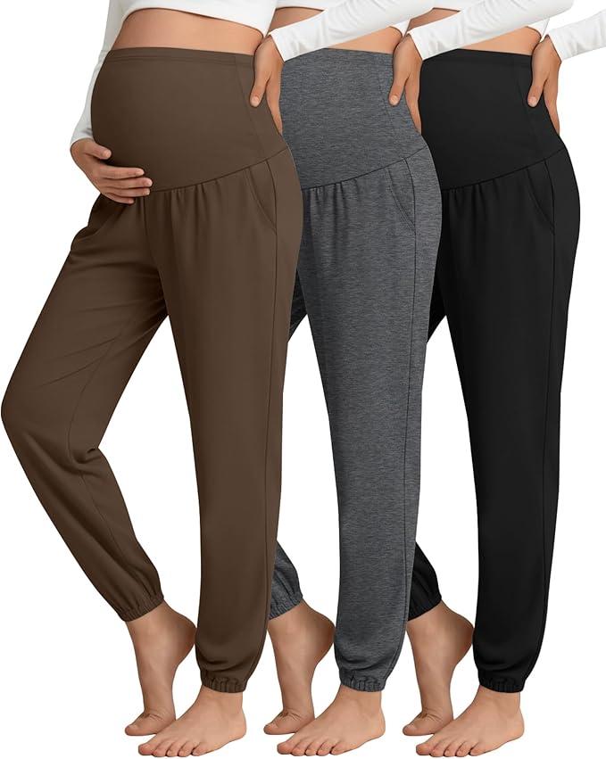 Sweetyweee 3 Pack Women's Maternity Pants Maternity Jogger Sweatpants Over The Belly Stretchy Pregnancy Pants with Pockets(Light Camel,Brown, Black,Small