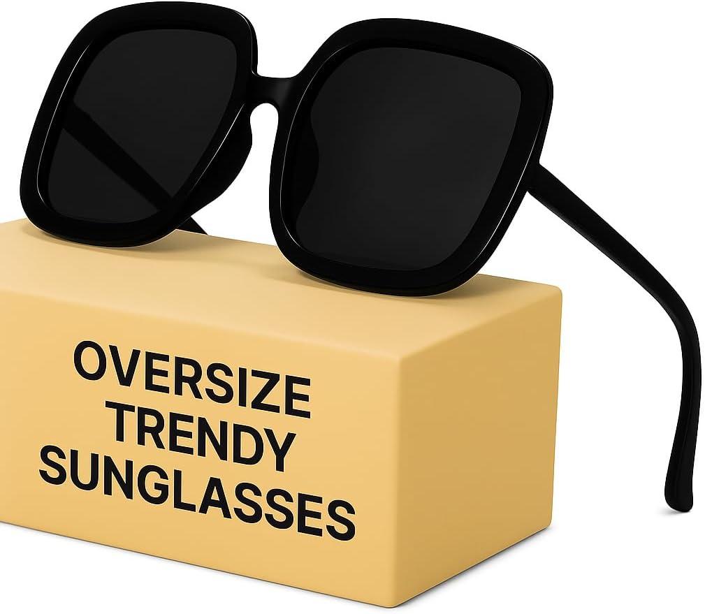 miyya Oversized Polarized Sunglasses Women, Trendy Retro Sun Glasses for Women 2025, Oversized Shades (Black/Black)