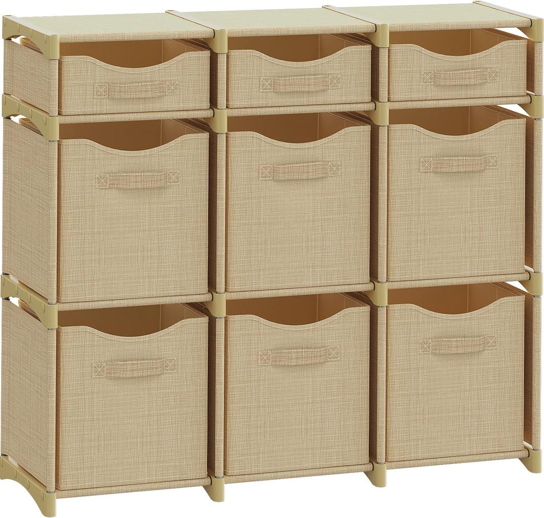 9 Cube Storage Organizer With Bins Included - Closet Storage With 9 Storage Bins - Easy To Assemble Storage Unit With Drawers - Closet Organization For Clothes, Bedroom, Nursery, & Toys (Beige)
